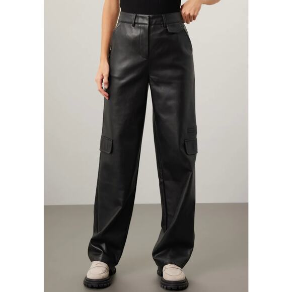 Louna Black Faux Leather Cargo Pants MEDIUM Wide Leg Trouser Designer $180 Flaw - Picture 4 of 10